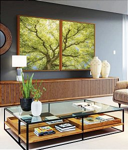 Duo de Quadros Paisagem Copa de Árvore Folhas Verde Claro Natureza Canvas Moldura