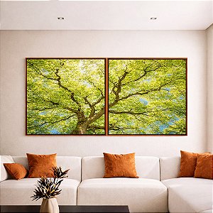 Duo de Quadros Quadrados Paisagem Copa de Árvore Folhas Verde Claro Natureza Canvas Moldura