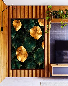 Quadro Vertical Lírios-D’Água Folhas Verdes Douradas Natureza Canvas Moldura