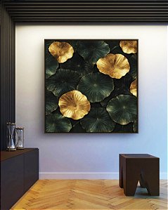 Quadro Quadrado Lírios-D’Água Folhas Verdes Douradas Natureza Canvas Moldura
