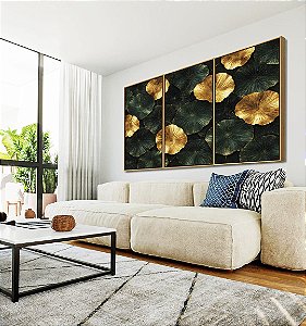 Trio de Quadros Lírios-D’Água Folhas Verdes Douradas Natureza Canvas Moldura