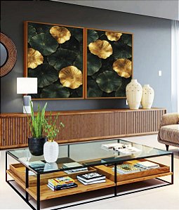 Duo de Quadros Lírios-D’Água Folhas Verdes Douradas Natureza Canvas Moldura