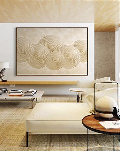 Quadro Horizontal Abstrato Circulos Marfim Textura Canvas Moldura