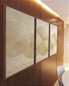 Trio de Quadros Abstrato Circulos Marfim Textura Canvas Moldura