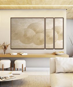 Trio de Quadros Estilizados Abstrato Circulos Marfim Textura Canvas Moldura