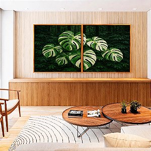 Duo de Quadros Quadrados Plantas Costela de Adão Natureza Verde Paisagem Canvas Moldura