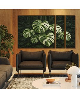 Trio de Quadros Estilizados Plantas Costela de Adão Natureza Verde Paisagem Canvas Moldura