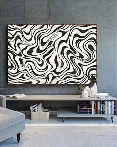 Quadro Horizontal Abstrato Ondulações Orgânicas Preto e Branco Canvas Moldura