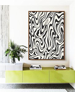 Quadro Vertical Abstrato Ondulações Orgânicas Preto e Branco Canvas Moldura