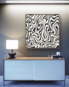 Quadro Quadrado Abstrato Ondulações Orgânicas Preto e Branco Canvas Moldura