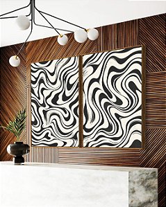 Duo de Quadros Abstrato Ondulações Orgânicas Preto e Branco Canvas Moldura