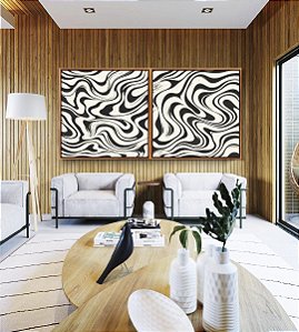 Duo de Quadros Quadrados Abstrato Ondulações Orgânicas Preto e Branco Canvas Moldura