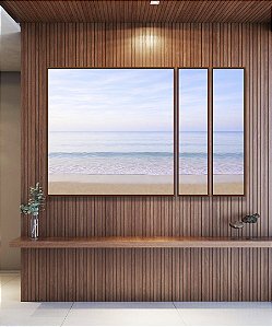 Trio de Quadros Estilizados Praia Nascer do Sol Lilás Claro Natureza Canvas Moldura