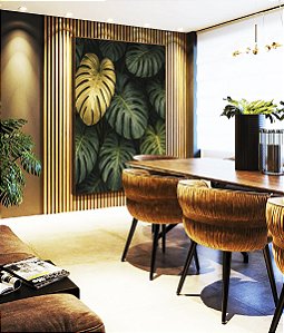 Quadro Vertical Costela de Adão Verde Dourado Natureza Canvas Moldura