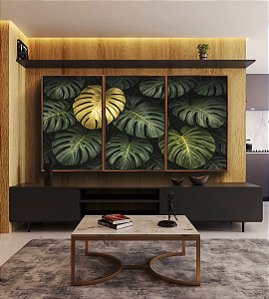 Trio de Quadros Costela de Adão Verde Dourado Natureza Canvas Moldura