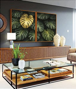 Duo de Quadros Costela de Adão Verde Dourado Natureza Canvas Moldura