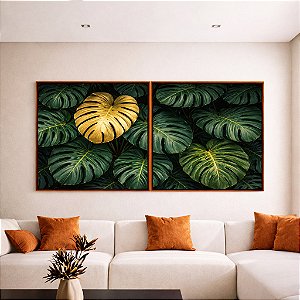Duo de Quadros Quadrados Costela de Adão Verde Dourado Natureza Canvas Moldura