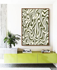 Quadro Vertical Abstrato Ondulações Orgânicas Verde Oliva Canvas Moldura