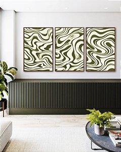 Trio de Quadros Abstrato Ondulações Orgânicas Verde Oliva Canvas Moldura