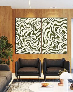 Duo de Quadros Abstrato Ondulações Orgânicas Verde Oliva Canvas Moldura