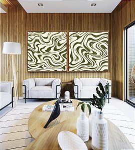 Duo de Quadros Quadrados Abstrato Ondulações Orgânicas Verde Oliva Canvas Moldura