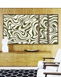 Trio de Quadros Estilizados Abstrato Ondulações Orgânicas Verde Oliva Canvas Moldura