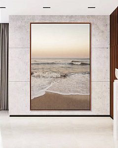 Quadro Vertical Praia Mar Movimentado Céu Claro Laranja Canvas Moldura