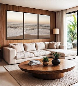 Trio de Quadros Praia Mar Movimentado Céu Claro Laranja Canvas Moldura