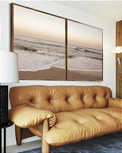 Duo de Quadros Praia Mar Movimentado Céu Claro Laranja Canvas Moldura