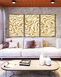 Trio de Quadros Abstrato Ondulações Orgânicas Amarelo Canvas Moldura