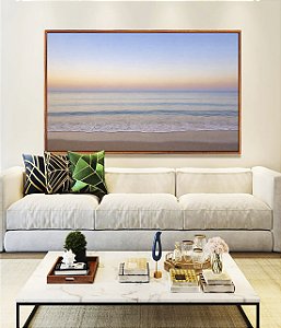 Quadro Horizontal Mar Azul Prateado Céu Lilás Praia Canvas Moldura
