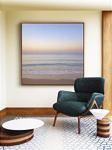 Quadro Quadrado Mar Azul Prateado Céu Lilás Praia Canvas Moldura