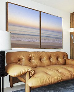 Duo de Quadros Mar Azul Prateado Céu Lilás Praia Canvas Moldura