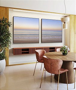 Duo de Quadros Quadrados Mar Azul Prateado Céu Lilás Praia Canvas Moldura