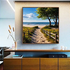 Quadro Quadrado Estrada Para Praia Árvores Mar Céu Azul Canvas Moldura