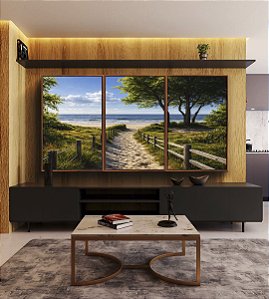 Trio de Quadros Estrada Para Praia Árvores Mar Céu Azul Canvas Moldura