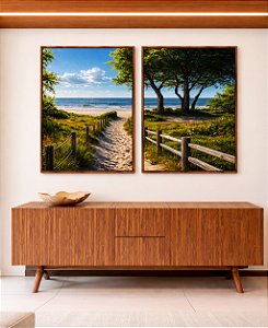 Duo de Quadros Estrada Para Praia Árvores Mar Céu Azul Canvas Moldura