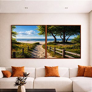Duo de Quadros Quadrados Estrada Para Praia Árvores Mar Céu Azul Canvas Moldura