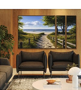 Trio de Quadros Estilizados Estrada Para Praia Árvores Mar Céu Azul Canvas Moldura