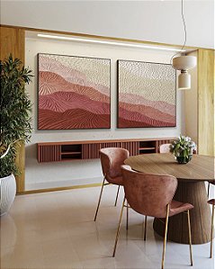 Duo de Quadros Quadrados Abstrato Degradê Textura Marfim Rosa Salmão Canvas Moldura