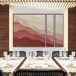 Trio de Quadros Estilizados Abstrato Degradê Textura Marfim Rosa Salmão Canvas Moldura