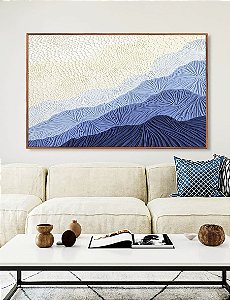 Quadro Horizontal Abstrato Degradê Textura Marfim Azul Canvas Moldura