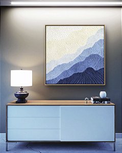 Quadro Quadrado Abstrato Degradê Textura Marfim Azul Canvas Moldura