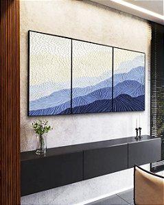 Trio de Quadros Abstrato Degradê Textura Marfim Azul Canvas Moldura