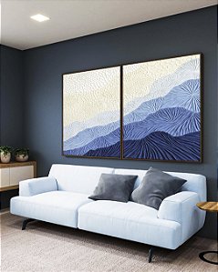 Duo de Quadros Abstrato Degradê Textura Marfim Azul Canvas Moldura