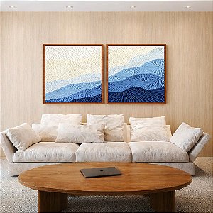 Duo de Quadros Quadrados Abstrato Degradê Textura Marfim Azul Canvas Moldura