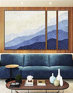 Trio de Quadros Estilizados Abstrato Degradê Textura Marfim Azul Canvas Moldura