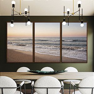 Trio de Quadros Praia de Mar Sereno e Céu Azul Laranja Canvas Moldura