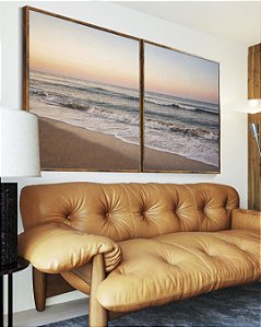 Duo de Quadros Praia de Mar Sereno e Céu Azul Laranja Canvas Moldura