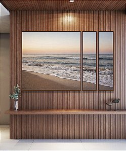 Trio de Quadros Estilizados Praia de Mar Sereno e Céu Azul Laranja Canvas Moldura